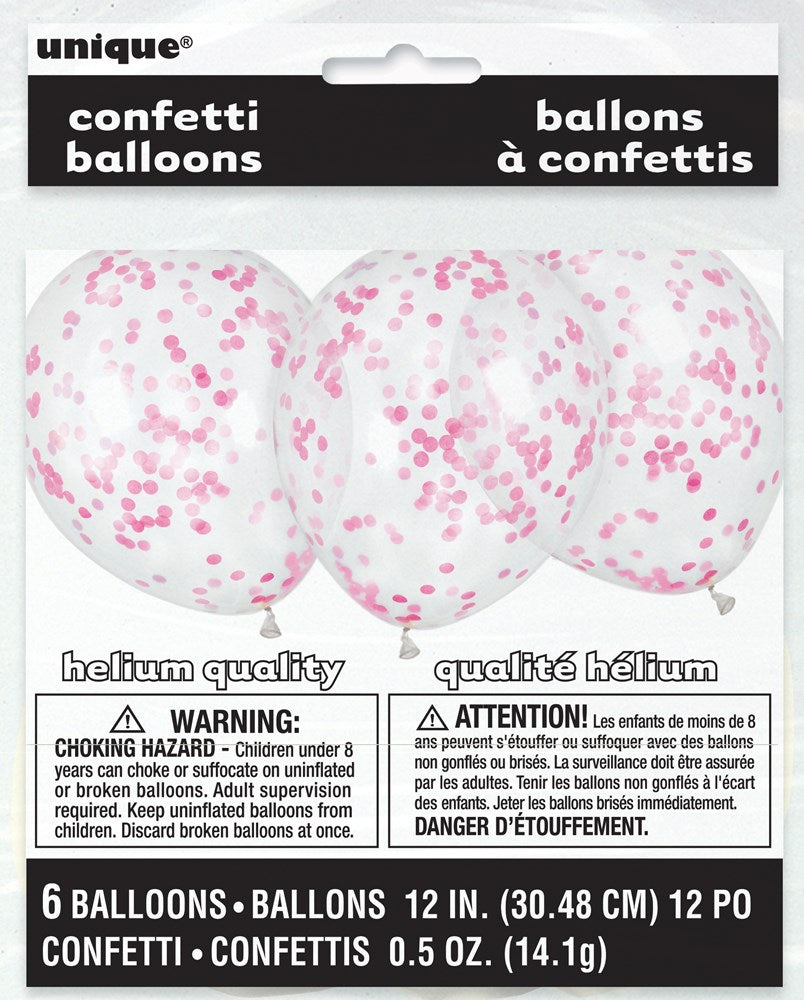 Set of six 12-inch clear balloons filled with hot pink confetti, packaged for helium inflation.
