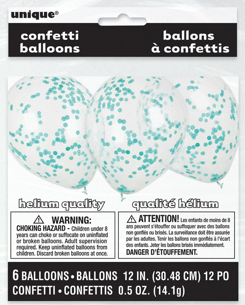 Six 12-inch clear balloons filled with scattered teal confetti pieces inside, packaged in a white and black labeled box.