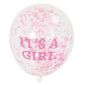 12-inch clear balloon filled with pink confetti and pink "IT'S A GIRL" text in bold letters.