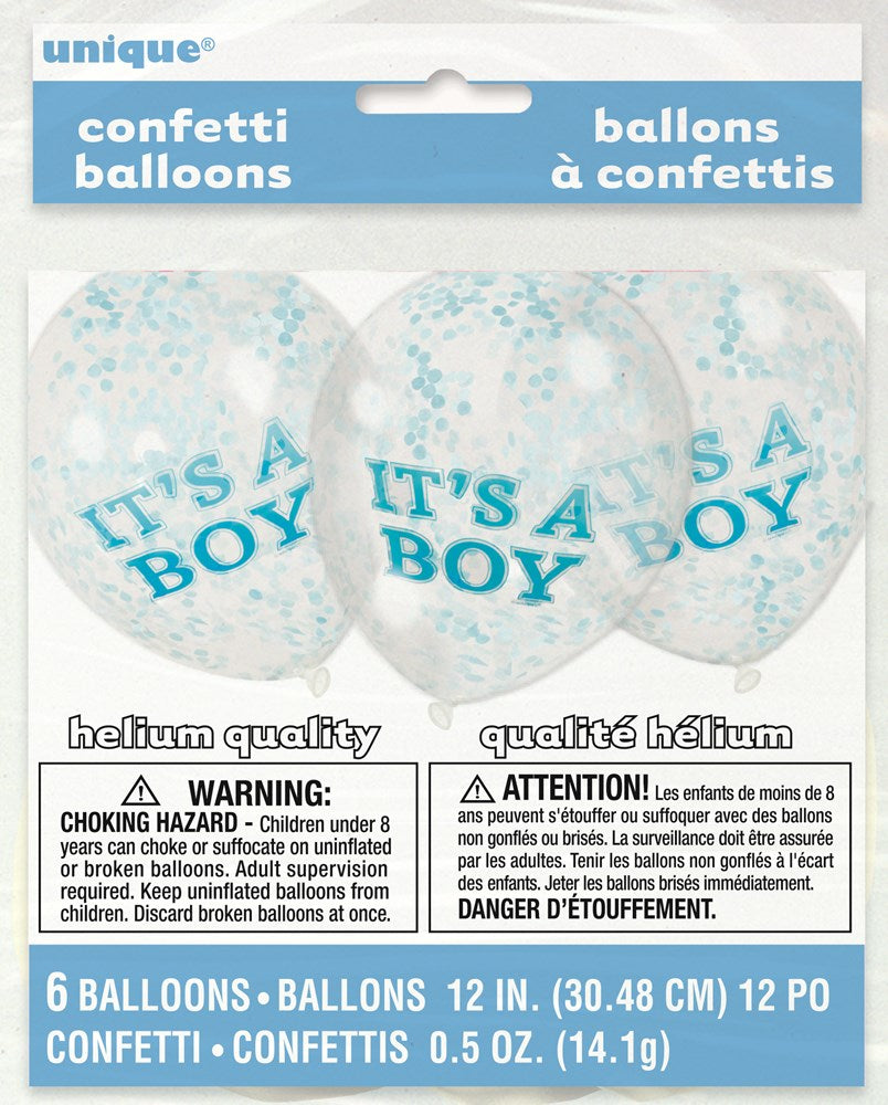 Set of six 12-inch clear latex balloons filled with blue confetti and blue "It's A Boy" text for baby showers or gender.