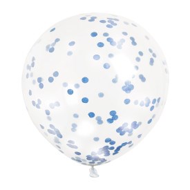 Clear balloon filled with scattered royal blue confetti dots, 12-inch size.