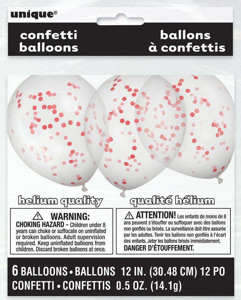 Set of six 12-inch clear balloons filled with red confetti, packaged in a white and black box.