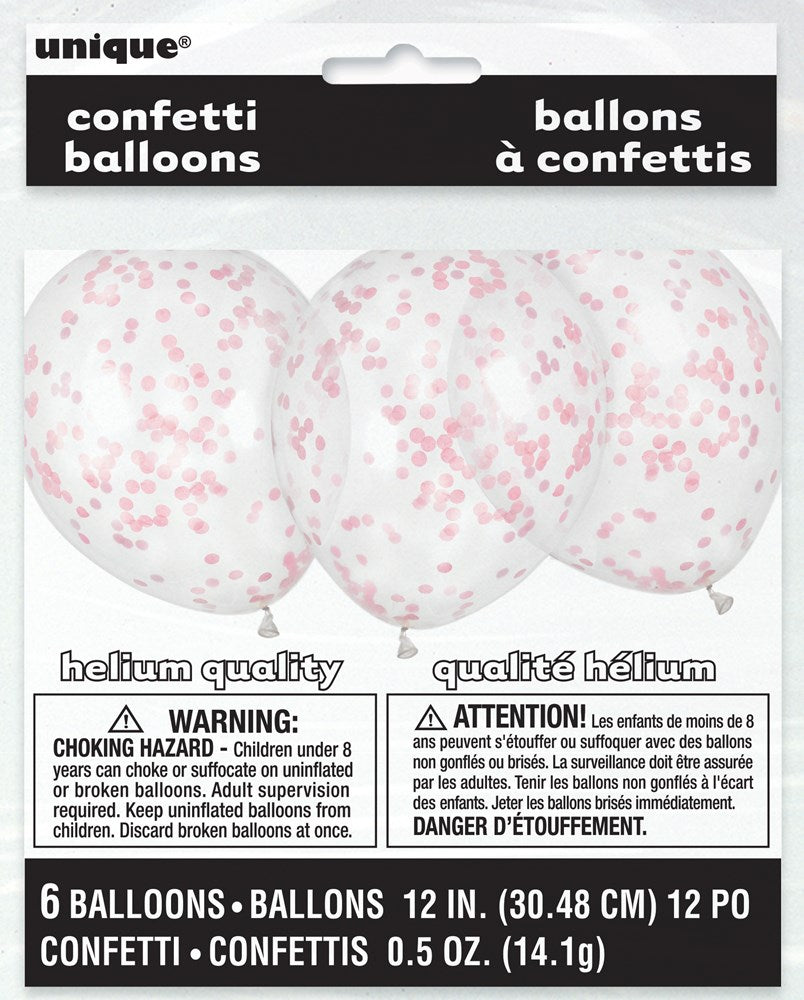 Set of six 12-inch clear latex balloons filled with pink confetti inside, packaged in a white and black retail bag.