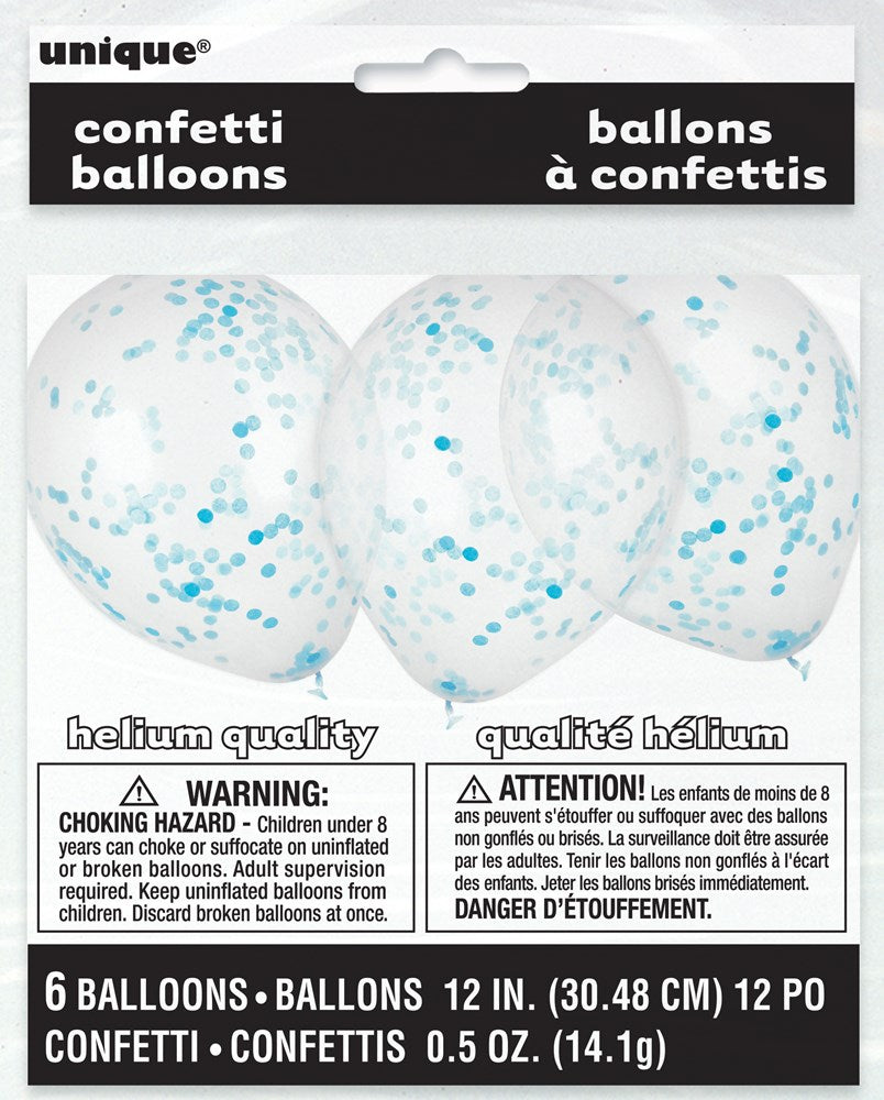 Set of six 12-inch clear balloons filled with powder blue confetti, packaged in plastic with black and white label.