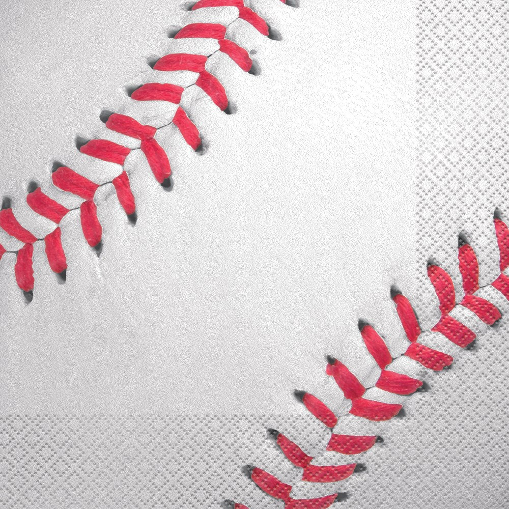 White paper napkin with red baseball stitching design and textured edges.