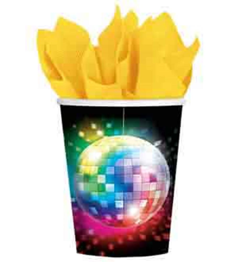 Black paper cup with a colorful reflective disco ball design and yellow napkins inside.