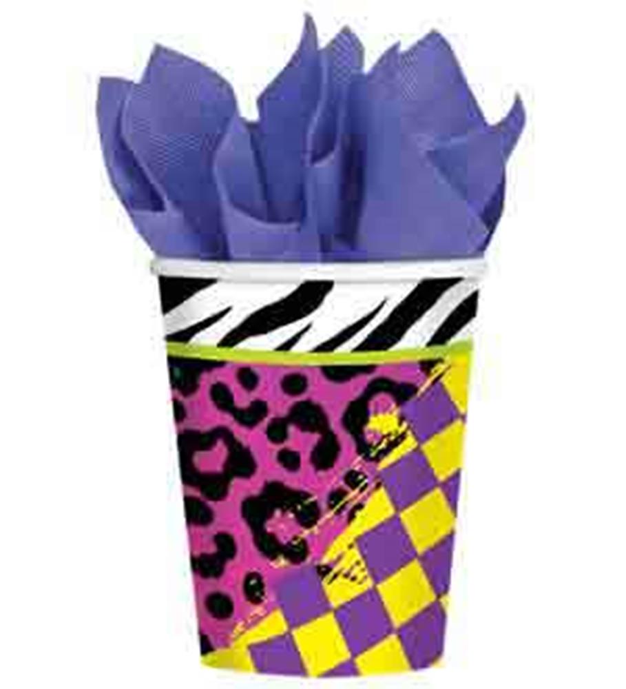 9oz party cup with purple and yellow checkerboard, pink leopard print, zebra stripes, and purple tissue paper.