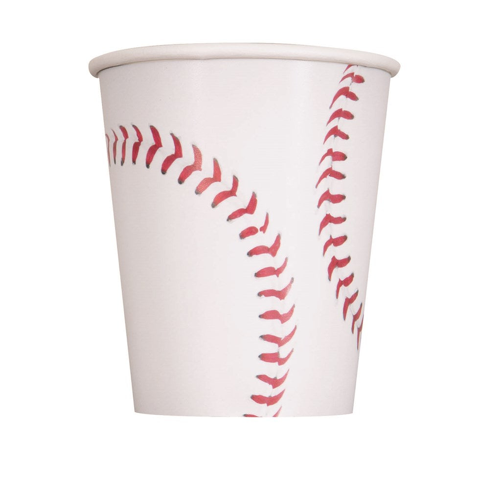 White 9oz paper cup with red baseball stitching design.