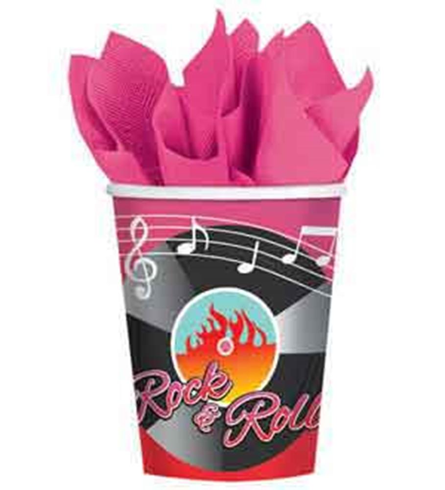 9oz paper cup with pink, black, and white 50s rock and roll design, music notes, and flames, filled with pink napkins.