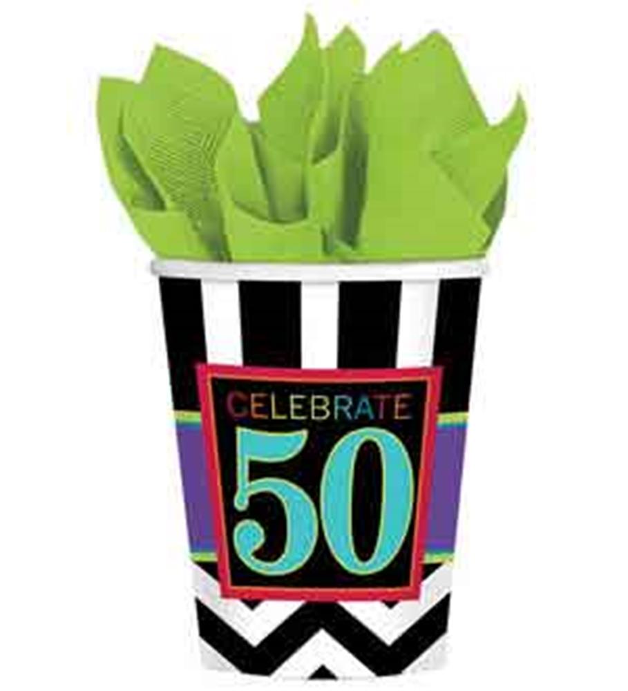 Black and white chevron 9oz cup with colorful "Celebrate 50" design and lime green napkins.