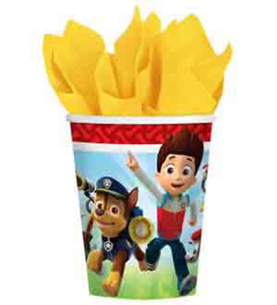 Paw Patrol themed 9oz paper cup with Ryder and Chase on colorful background and yellow tissue paper inside.