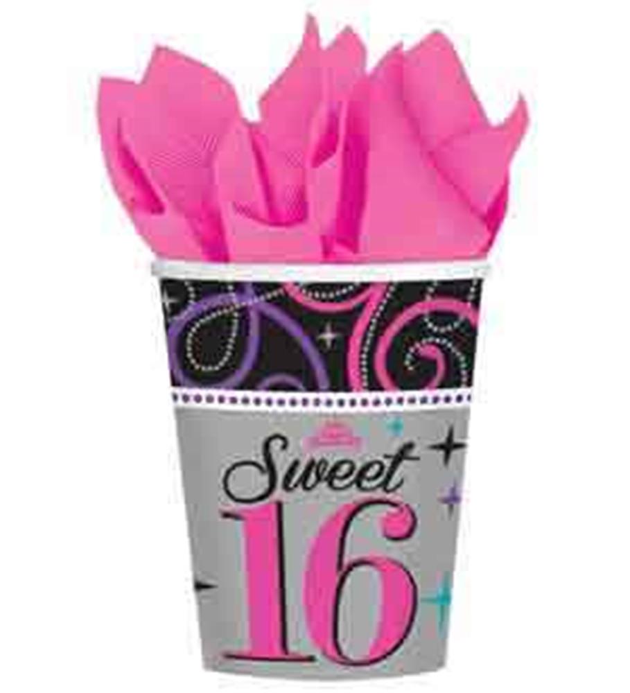 9oz silver party cup with pink "Sweet 16" text, black and purple swirls, filled with pink tissue paper.