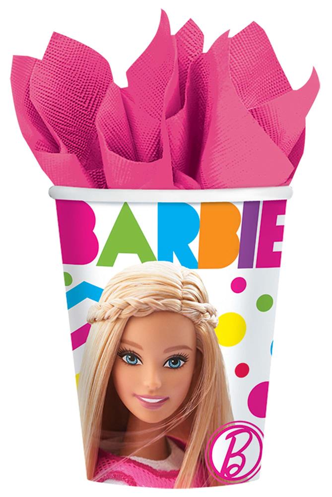 Colorful Barbie party cup with blonde Barbie graphic and pink napkins inside.