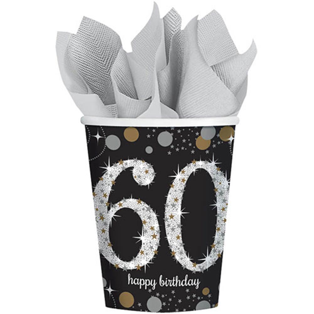 Black 9oz cup with sparkling "60" and gold, silver confetti design, "happy birthday" text.