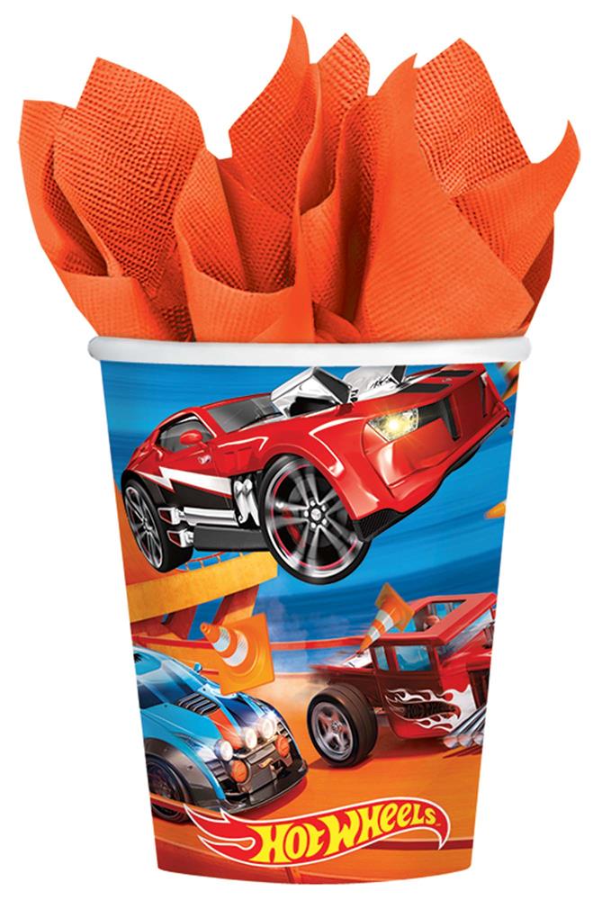 Set of eight 9oz paper cups with colorful Hot Wheels car designs on blue and orange background.