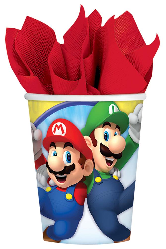 Set of eight 9-ounce cups featuring Super Mario and Luigi with red napkins inside.