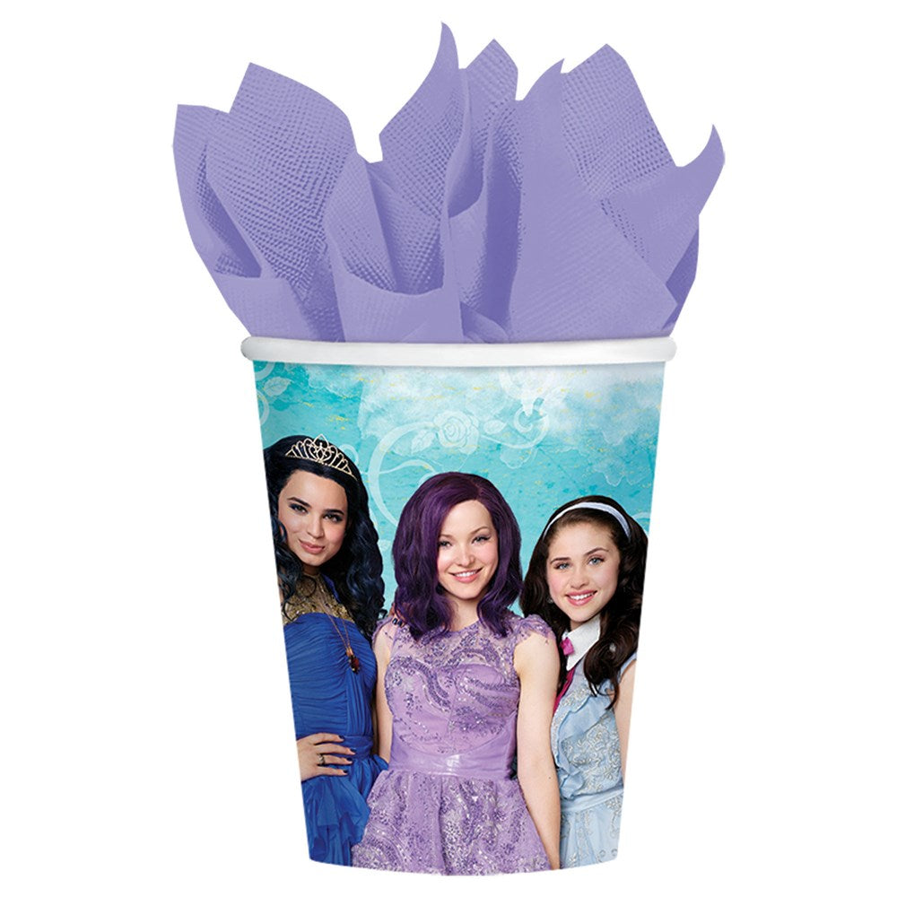 9oz disposable paper cup featuring purple and blue Descendants characters on a teal background, filled with light purple.