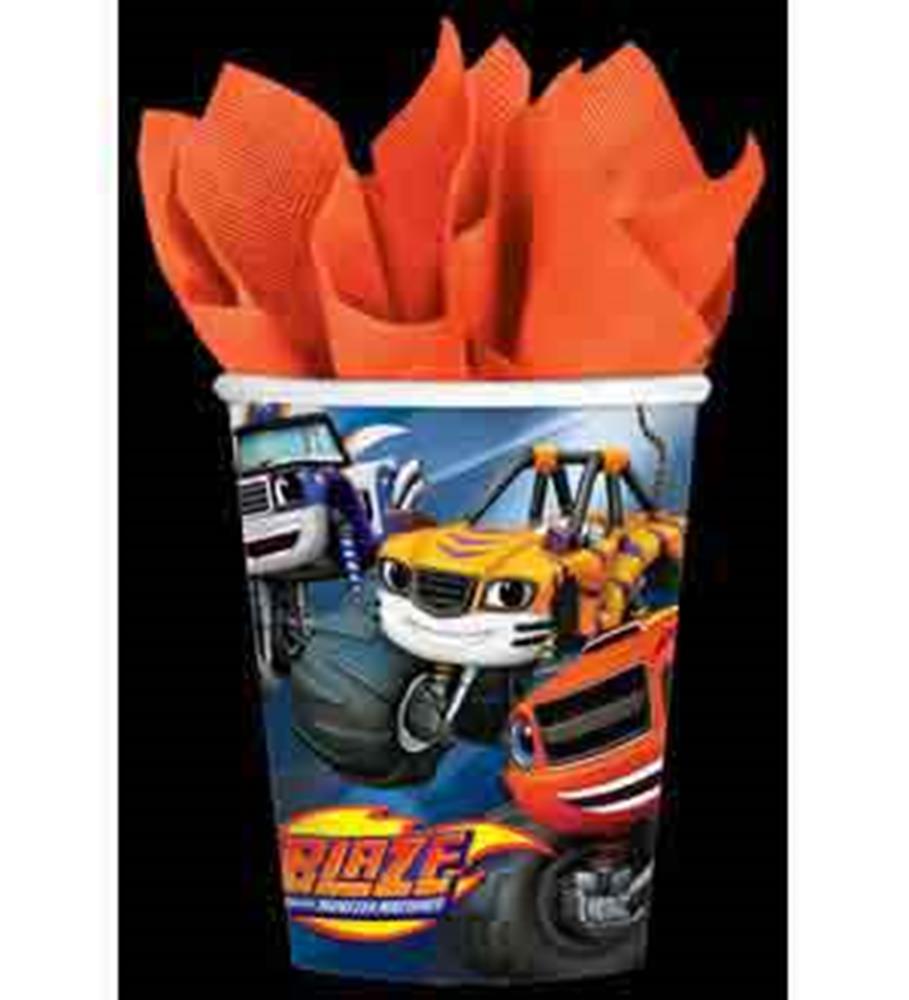 Blaze Monster Machines colorful plastic cup with red napkins, featuring graphic of three monster trucks.