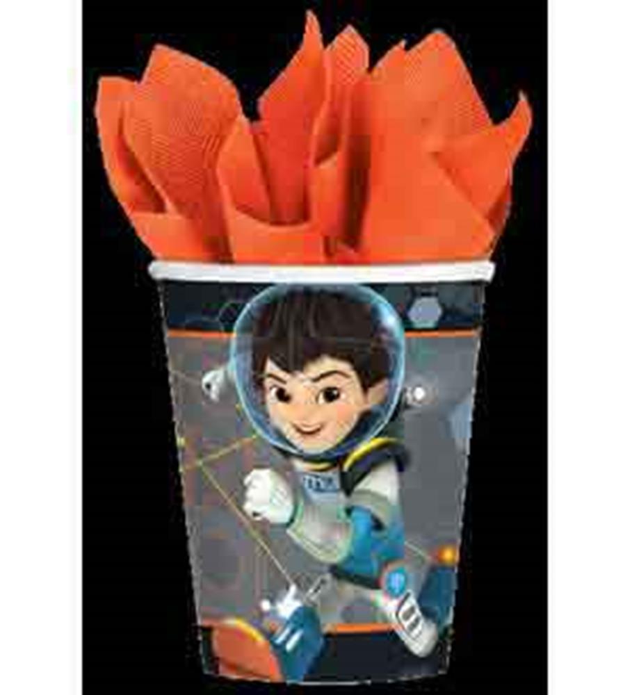 Black and blue 9oz paper cup featuring a cartoon boy astronaut in a spacesuit with orange party napkins inside.