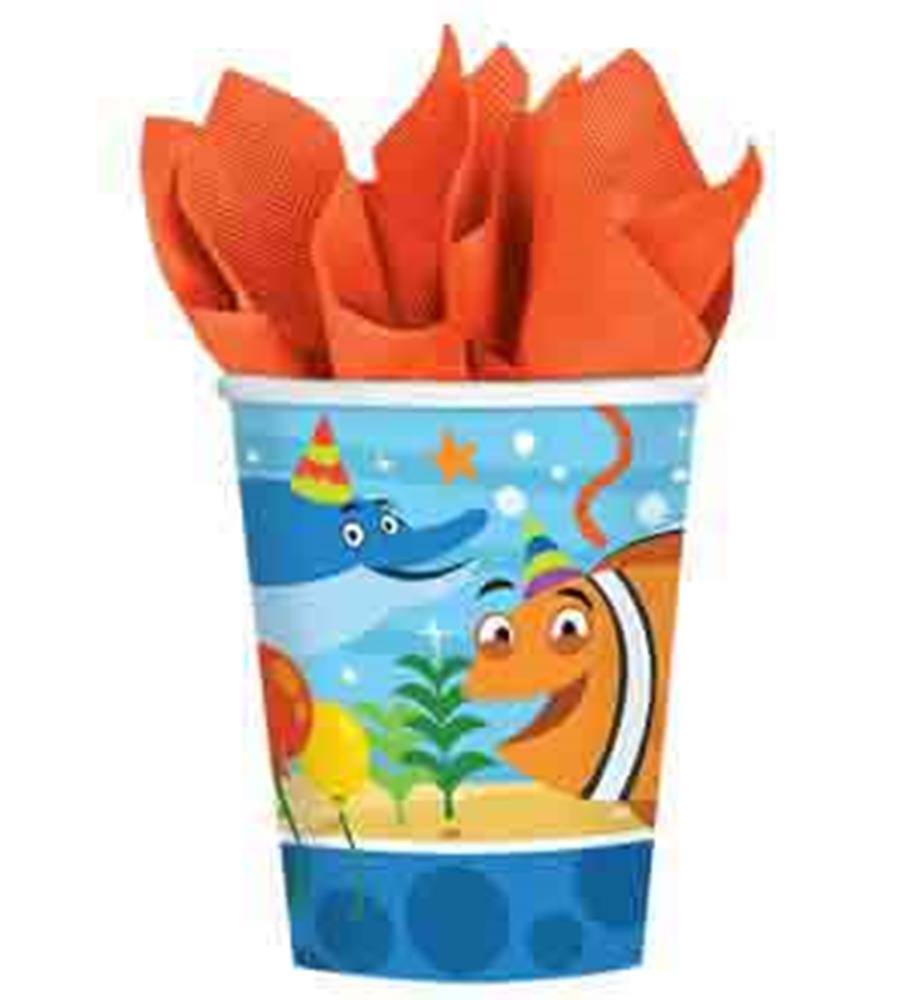 Blue plastic cup with colorful ocean animal characters wearing party hats, decorated with shells and sea plants.