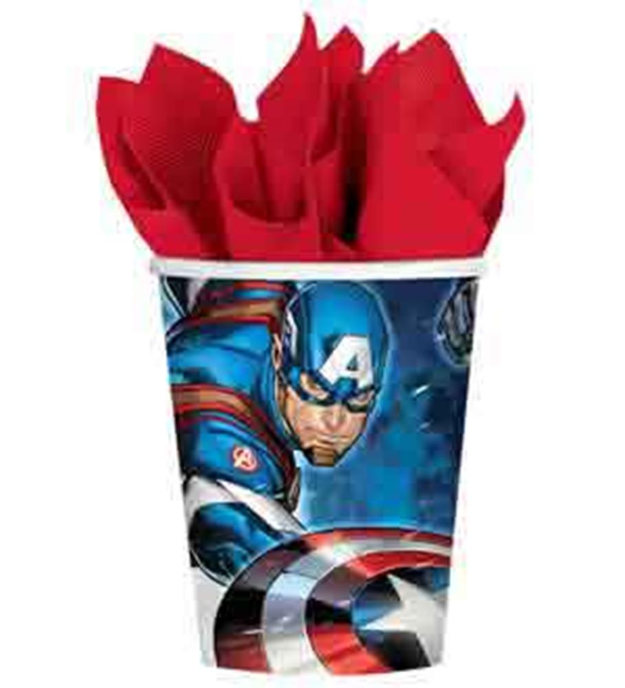 9oz paper cup featuring Captain America with red napkins inside.