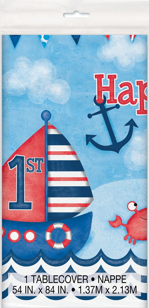 Blue rectangular tablecover with red and white striped sailboat, nautical anchor, and cartoon crab designs.