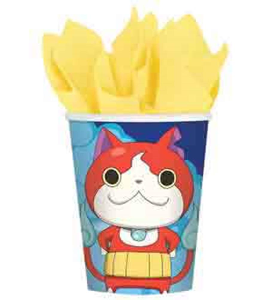 9oz plastic cup with red and white Yokai Watch character on blue background.