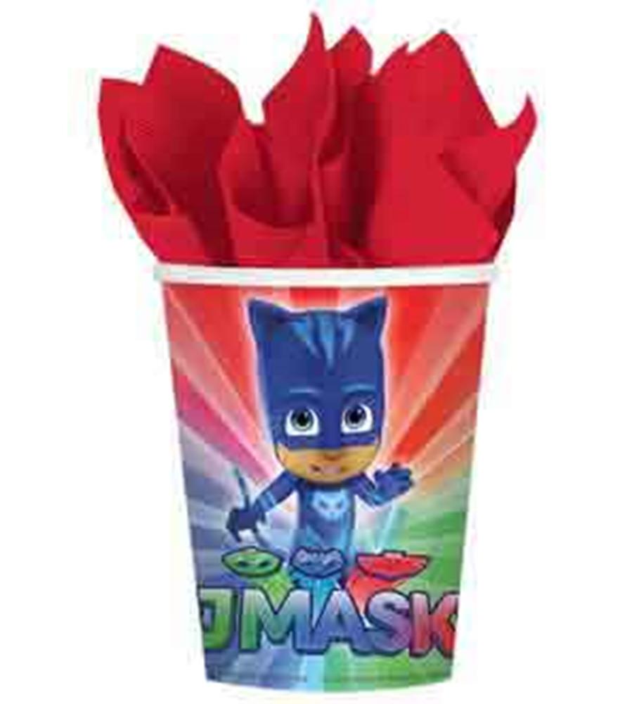 Colorful plastic cup featuring a blue PJ Masks character with a red and green background, filled with red napkins.