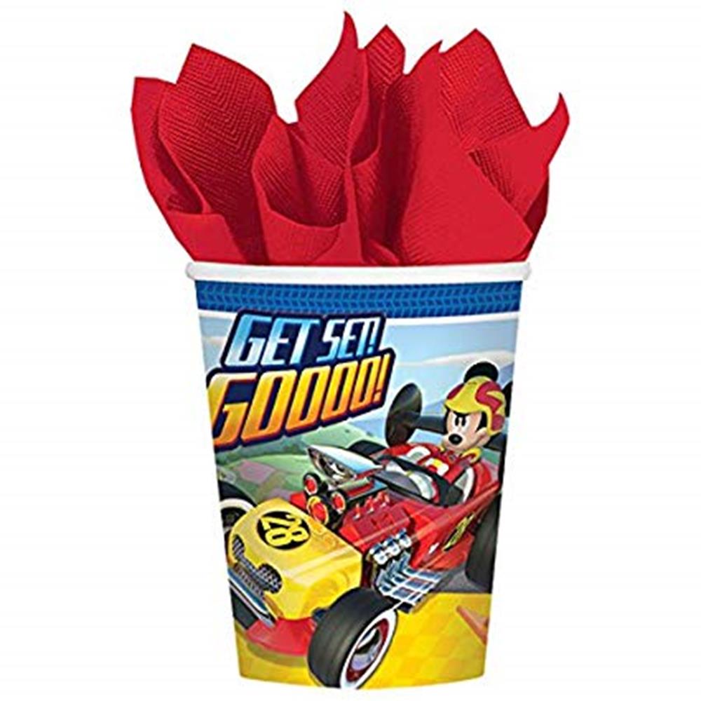 Colorful paper cup featuring Mickey Mouse in a red racecar with "Get Set, Goood!" text, filled with red napkins.