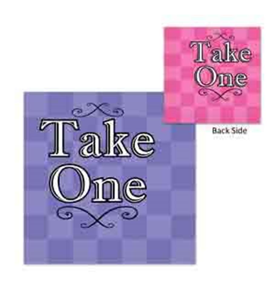 Square napkin with purple checkered pattern and "Take One" in white decorative text.
