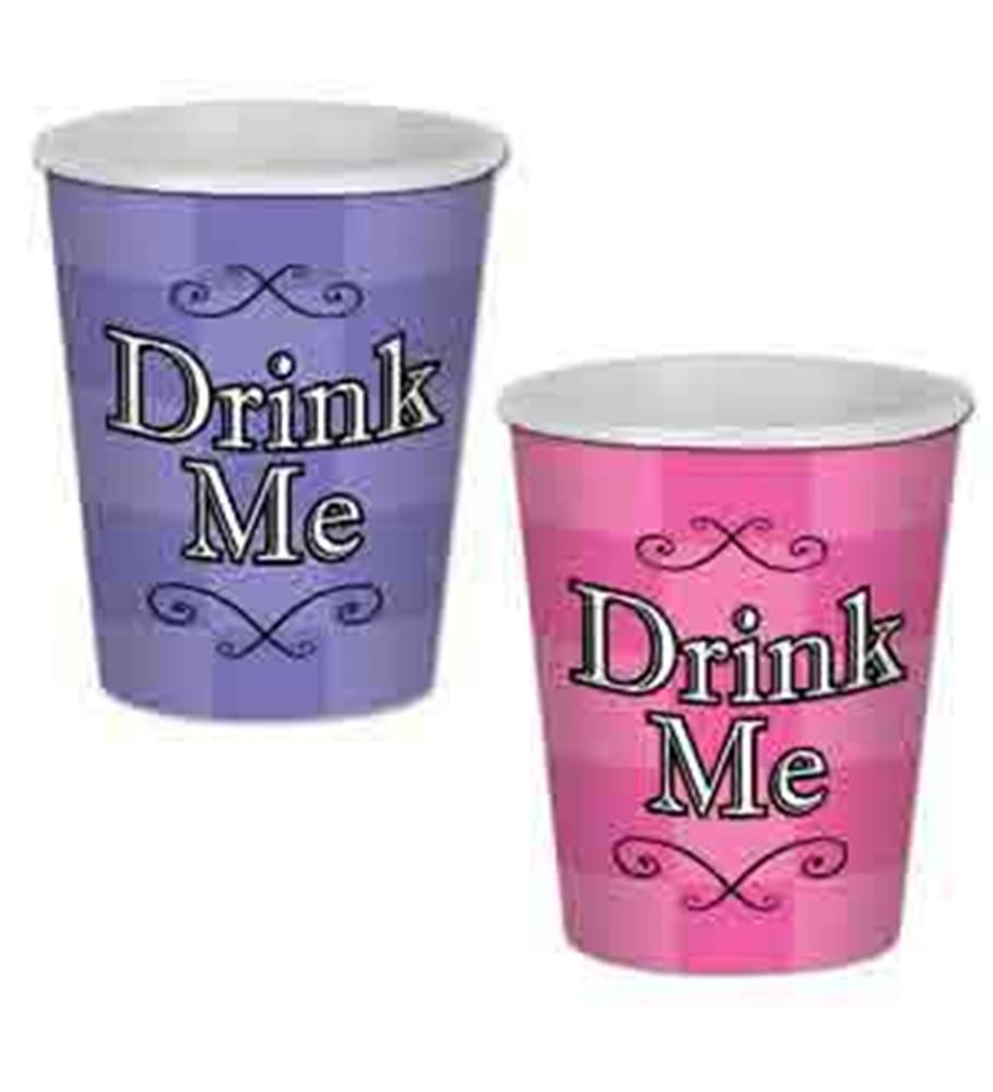 Purple and pink paper cups with "Drink Me" text and decorative swirls, Alice in Wonderland theme.