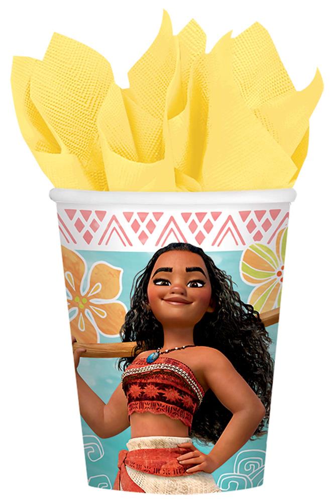 9oz paper cup featuring Moana with floral and geometric tropical designs in orange, teal, and yellow.