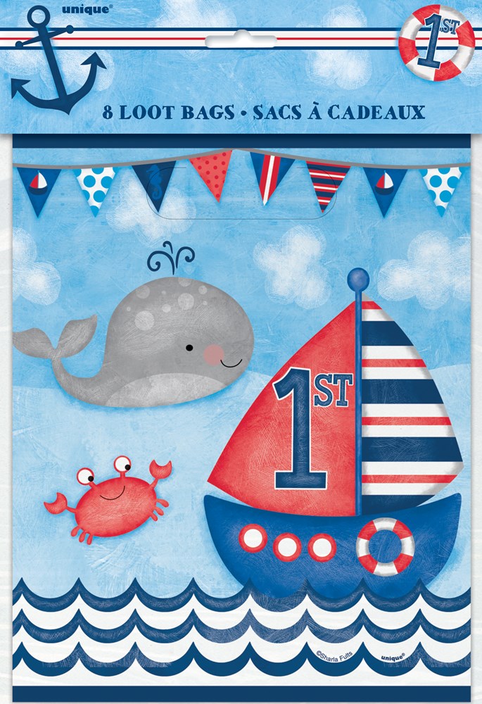 Set of 8 blue and red nautical-themed loot bags with whale, crab, anchor, and striped sailboat designs, decorated for a 1st.