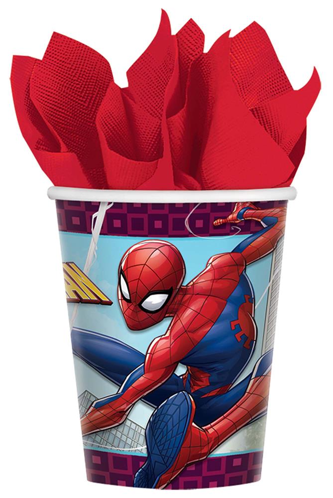 9-ounce cup with Spider-Man web design and action pose on blue and purple background, red napkins inside.