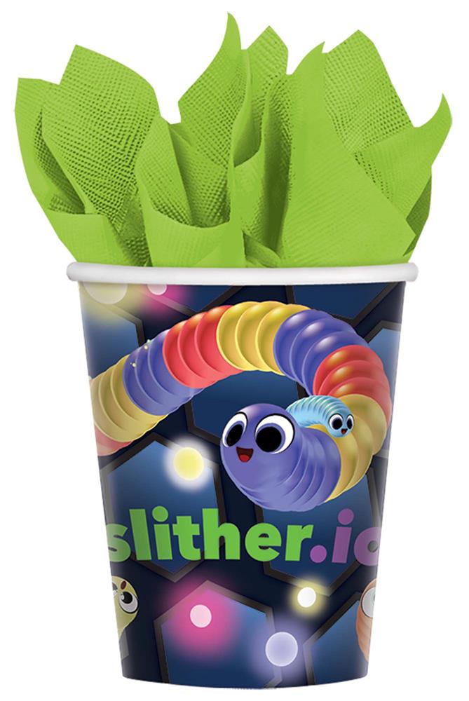 Colorful Slither.io themed party cup with smiling worm character and neon design, filled with green napkins.