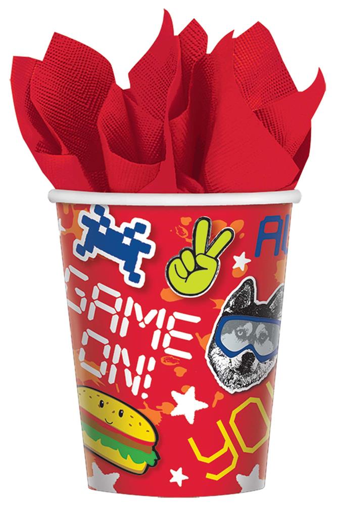 Red 9oz disposable party cup with colorful gaming-themed graphics and red napkins inside.