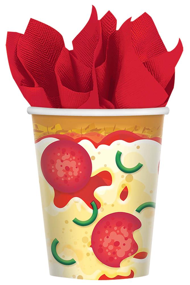 9oz disposable party cup decorated with colorful pizza toppings on a yellow background, filled with red napkins.