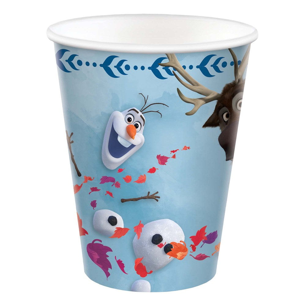 Light blue paper cup with Frozen 2 characters Olaf and Sven, decorated with red leaves.