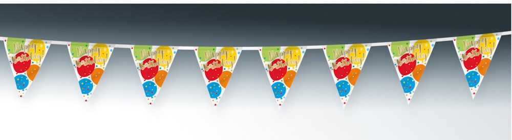 12ft gold glitter "HAPPY BIRTHDAY" flag banner with multicolored balloon-themed triangular pennants.