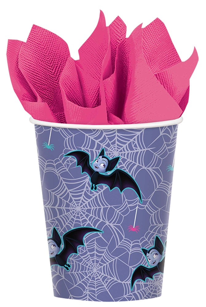 Purple 9oz paper cup with black bats and white spiderwebs, filled with pink napkins.