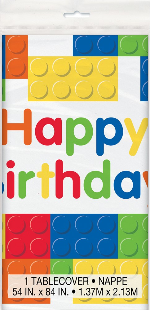 Colorful building block design birthday tablecover with "Happy Birthday" text in red, blue, green, and orange letters on.