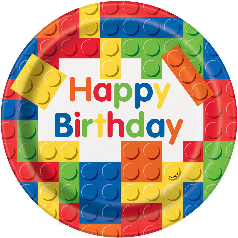 Round 9-inch paper plate with colorful building block design and "Happy Birthday" text in bold, playful letters.