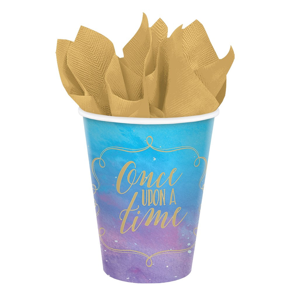 Blue and purple gradient paper cup with gold foil "Once Upon a Time" script and decorative swirls, 9oz capacity.