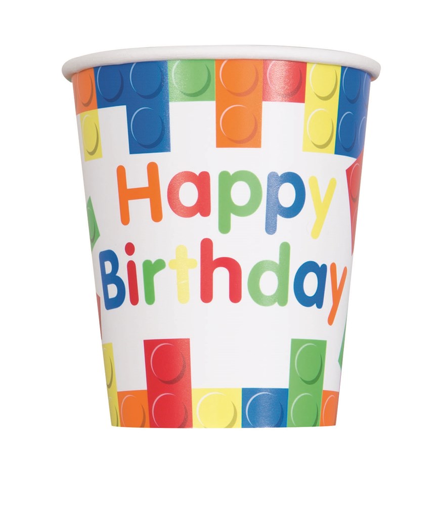 Colorful disposable cup with building block design and "Happy Birthday" text in bright letters.