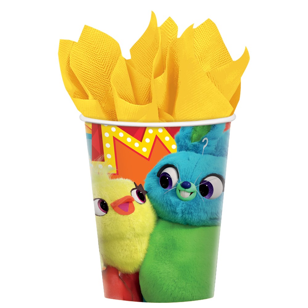 Colorful plastic cup featuring Toy Story 4 characters Ducky and Bunny with a red and yellow carnival backdrop.