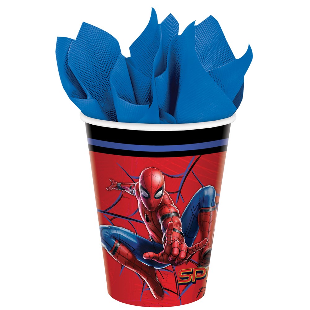 Red 9oz cup with Spider-Man in action and web design, filled with blue napkins.