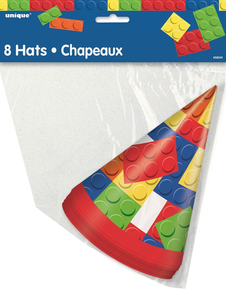 Cone-shaped party hat with colorful building block pattern in red, blue, yellow, and green.