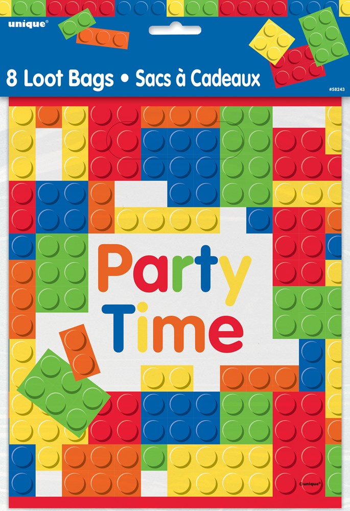 Colorful building block pattern loot bag with "Party Time" text in bright letters.