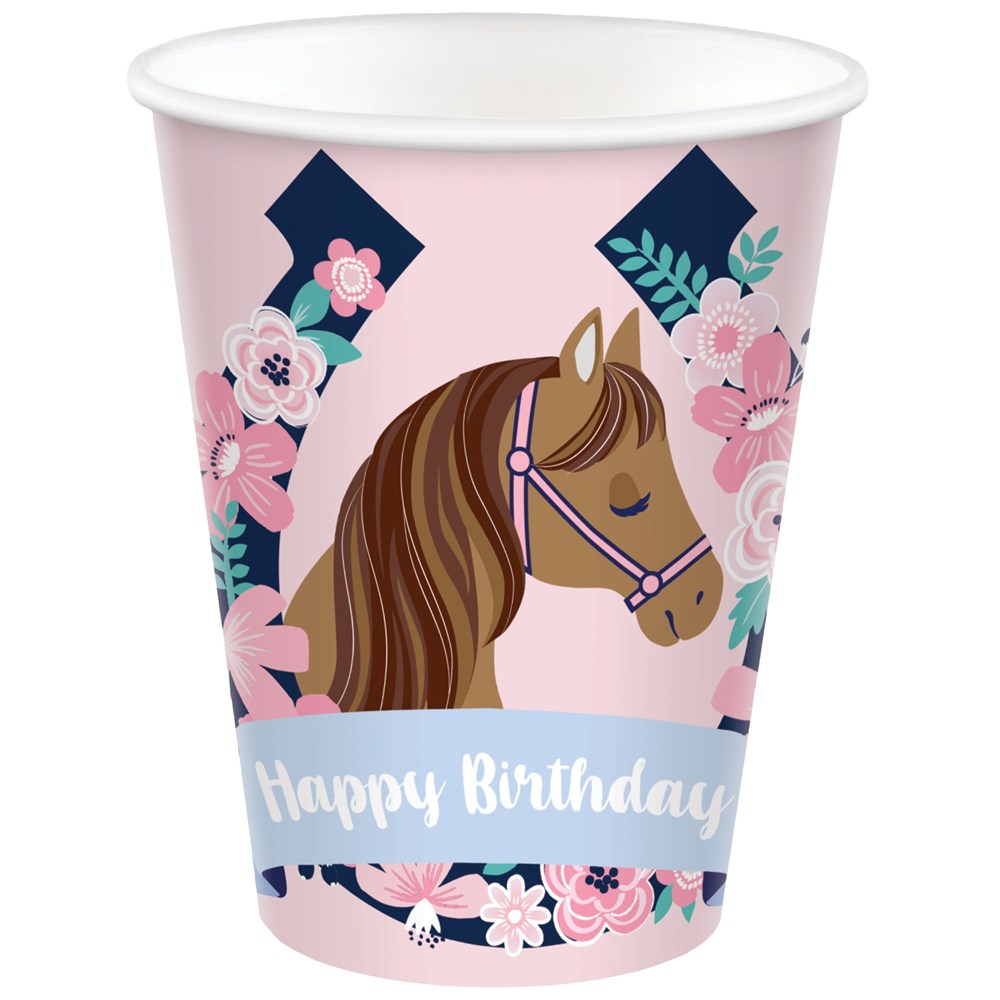 Pink paper cup with a brown horse head, floral accents, and "Happy Birthday" banner.