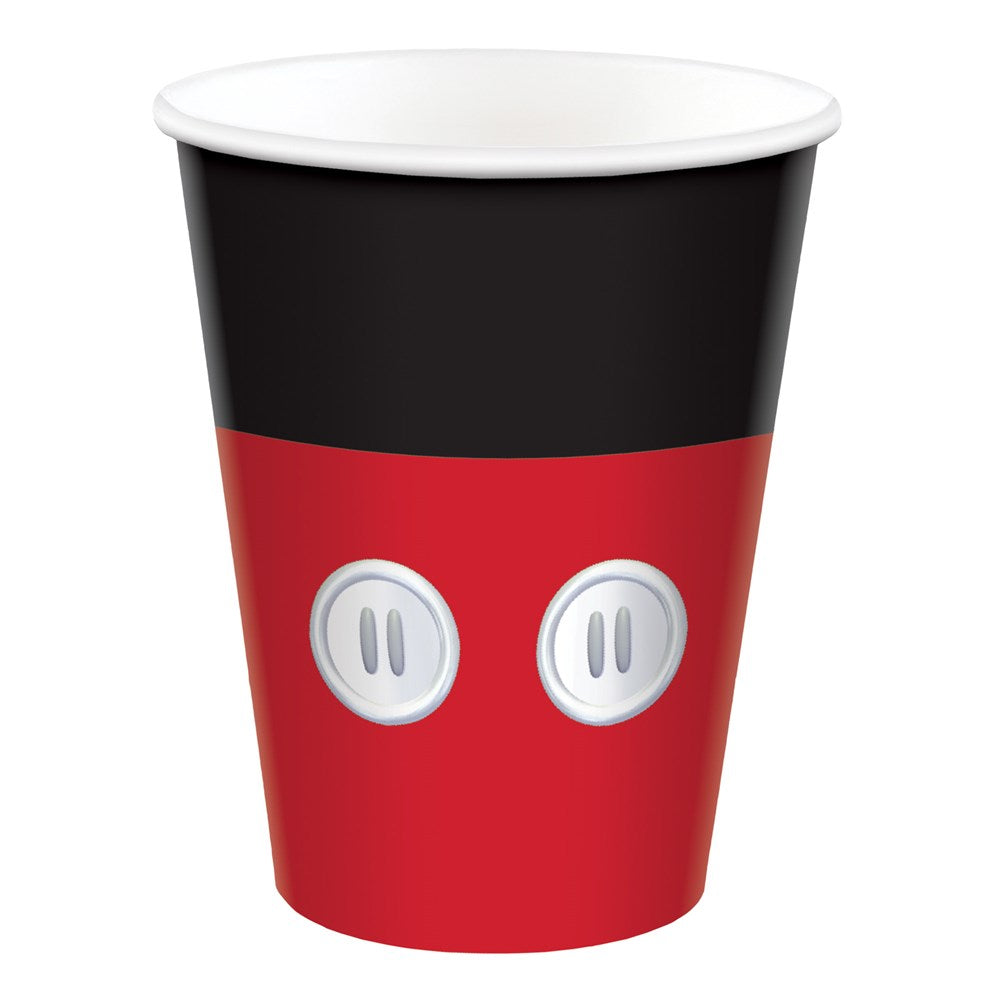 Red and black paper cup with white buttons resembling Mickey Mouse's outfit, 9 oz capacity.